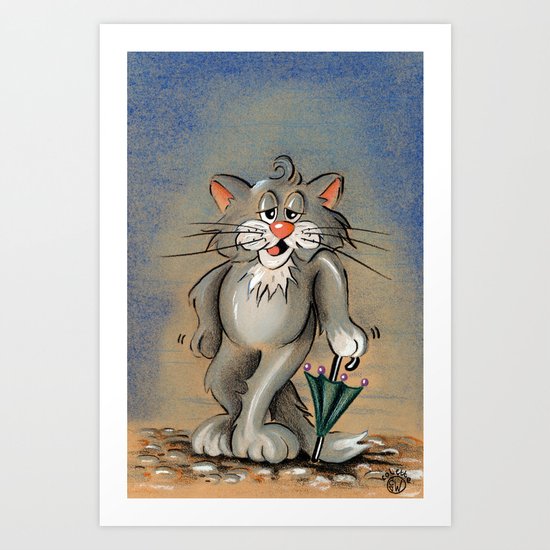 CAT WITH UMBRELLA Art Print