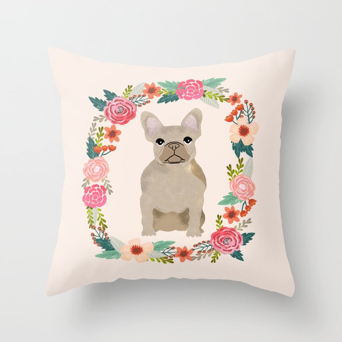 french bulldog fawn floral wreath flowers dog breed gifts corgis Throw Pillow