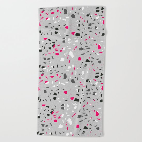 Terrazo grey pink black and white minimal pattern urban modern edgy trendy socal bklyn austin Beach Towel