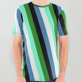 [ Thumbnail: Colorful Forest Green, Aquamarine, Mint Cream, Blue & Black Colored Stripes Pattern All Over Graphic Tee ]