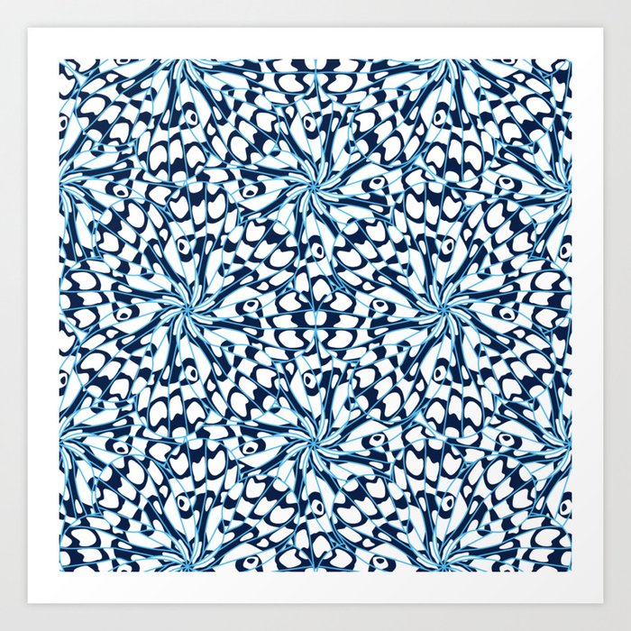 Abstract Butterfly Pattern Design in Blue and White Art Print