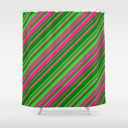 [ Thumbnail: Deep Pink, Green & Lime Green Colored Lines Pattern Shower Curtain ]
