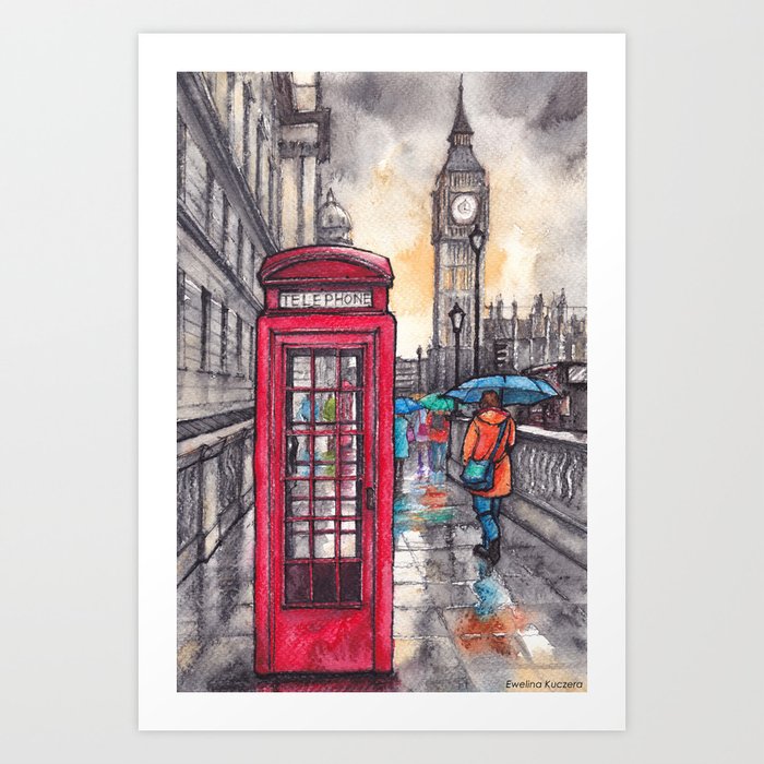 Rainy day in London ink & watercolor illustration Art Print