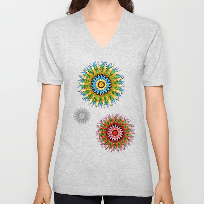 Colorful Mandala Grids - Vibrant Blues V Neck T Shirt