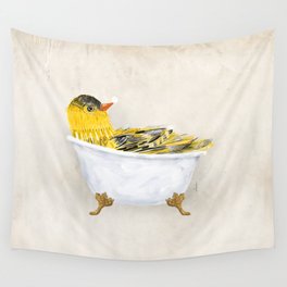 Canary Yellow Bird clawfoot tub bubble bath soap art artwork birdbath  Wall Tapestry