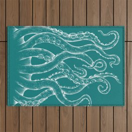 White Funky Tentacles Octopus Ink Teal Art Outdoor Rug