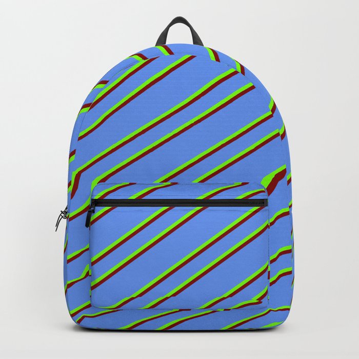 Cornflower Blue, Green, and Maroon Colored Stripes/Lines Pattern Backpack
