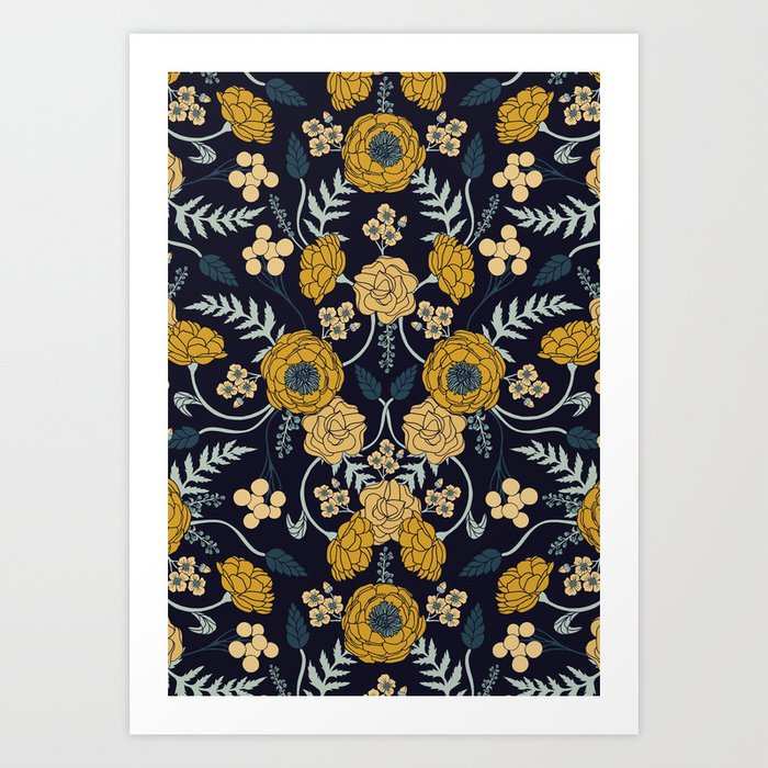 pix Navy And Mustard Pictures navy blue turquoise cream mustard yellow dark floral pattern art print by somecallmebeth
