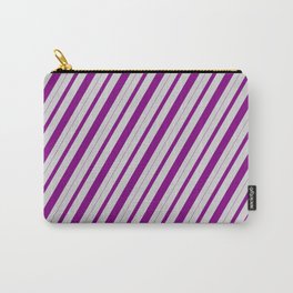 [ Thumbnail: Light Grey & Purple Colored Striped Pattern Carry-All Pouch ]