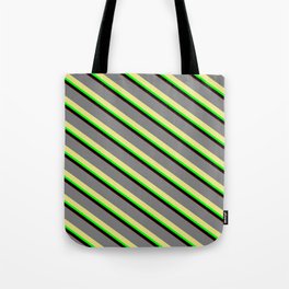 [ Thumbnail: Colorful Gray, Tan, Lime, Black & Maroon Colored Stripes/Lines Pattern Tote Bag ]