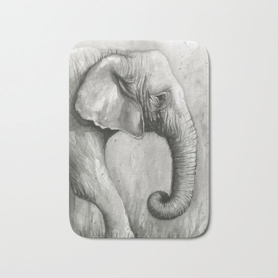 Elephant Black and White Watercolor Animals Bath Mat