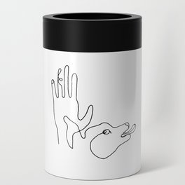 Pet dog and human hand. Care, friendship. Can Cooler
