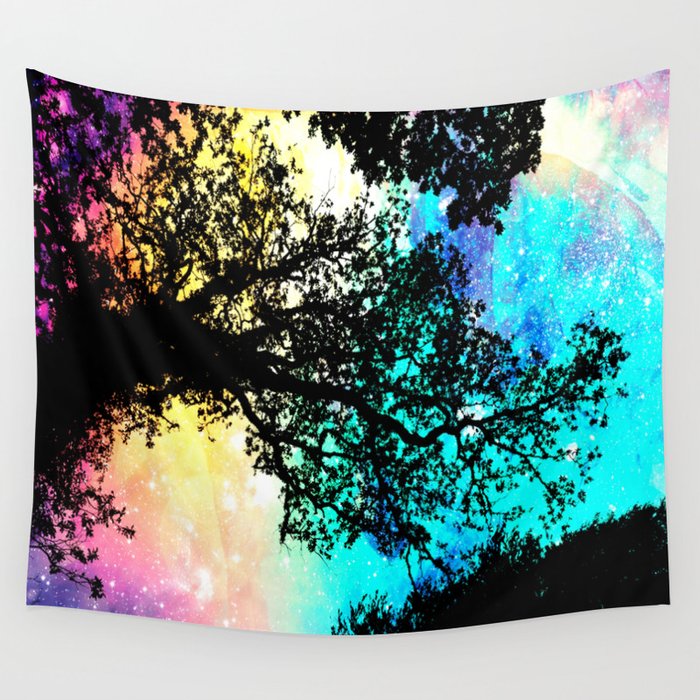Black Trees Colorful Space bright Wall Tapestry
