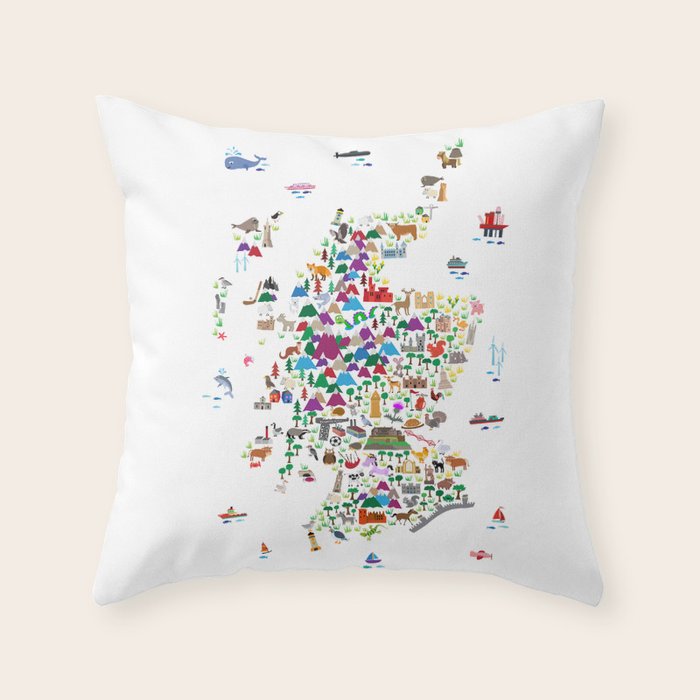 Animal Map Of Scotland For Children And Kids Throw Pillow By