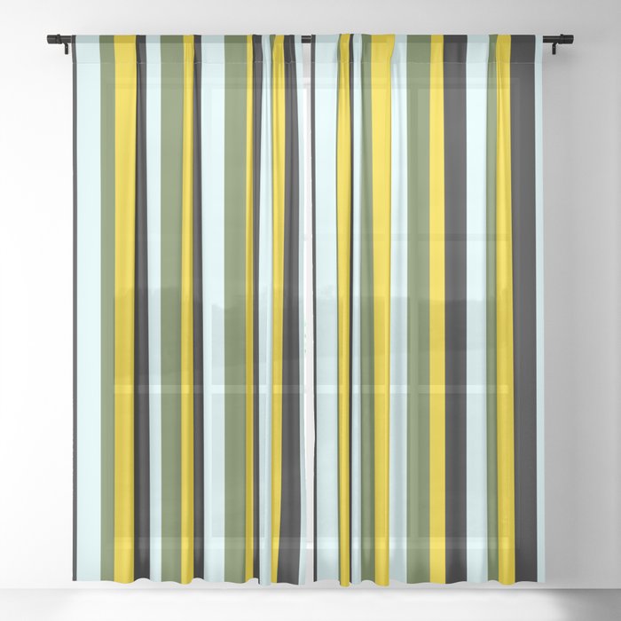 Light Cyan, Dark Olive Green, Yellow, and Black Colored Striped/Lined Pattern Sheer Curtain
