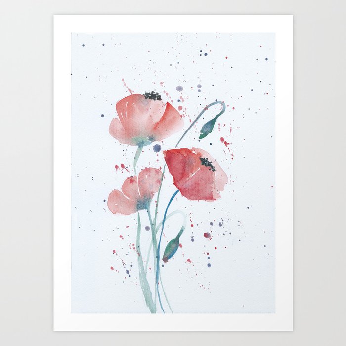 Red poppies in the sun floral watercolor painting Art Print