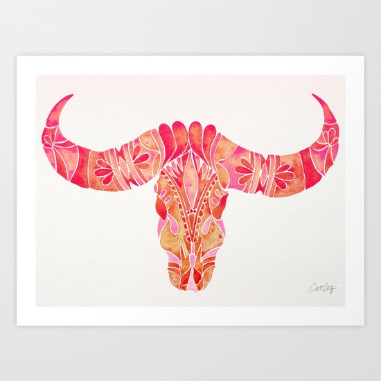 Water Buffalo Skull – Pink Ombré Art Print