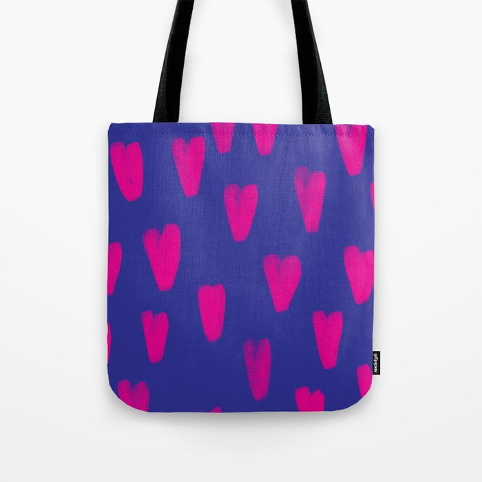 Neon Pink Hearts Hand-Painted over Retro Blue Tote Bag