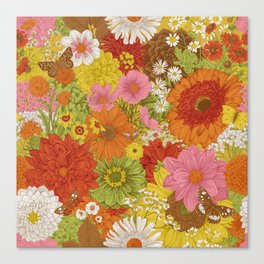 Seamless floral pattern 70s. Autumn flowers and butterflies. Warm colors.  Canvas Print