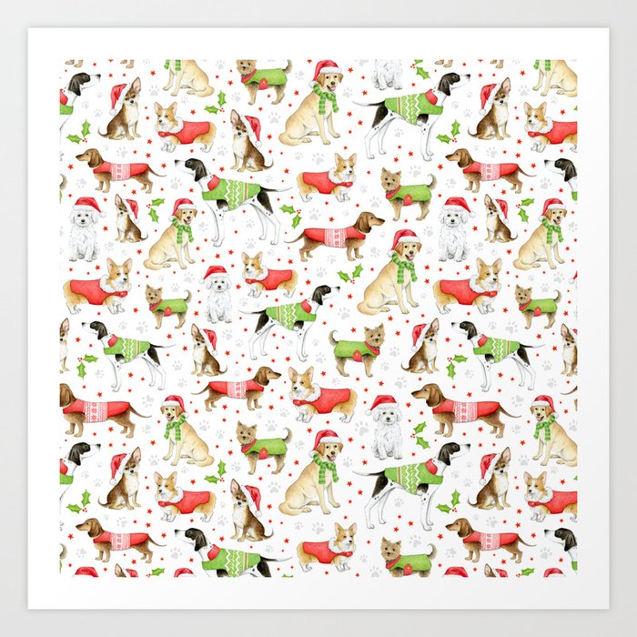 Dogs in Christmas Coats and Hats on white - repeat pattern Art Print