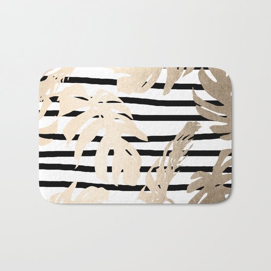 Simply Tropical White Gold Sands Palm Leaves on Stripes Bath Mat