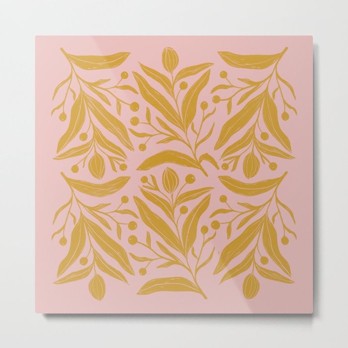 Pink and mustard yellow floral color block art Metal Print