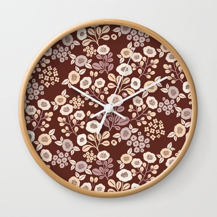 Earthy Autumn Flowers on Brown Wall Clock