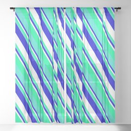 [ Thumbnail: Blue, White, Green, and Turquoise Colored Striped/Lined Pattern Sheer Curtain ]