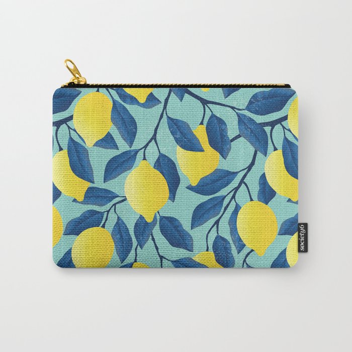 Vintage yellow lemon on the branches with leaves and blue sky hand drawn illustration pattern Carry-All Pouch