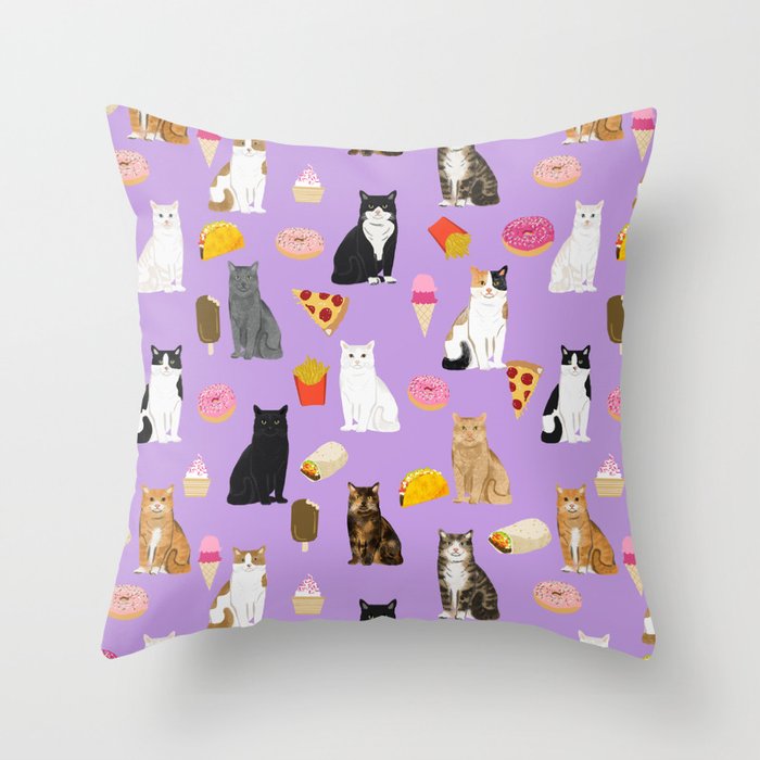 Cat breeds junk food pizza french fries food with cats gifts ice cream donuts Throw Pillow