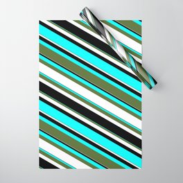 [ Thumbnail: Cyan, Dark Olive Green, White, and Black Colored Lined/Striped Pattern Wrapping Paper ]