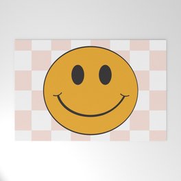 Smiley Face Pink & White Checker Pattern Welcome Mat