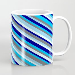 [ Thumbnail: Vibrant Dim Gray, Sky Blue, Light Cyan, Blue & Deep Sky Blue Colored Lined/Striped Pattern Coffee Mug ]