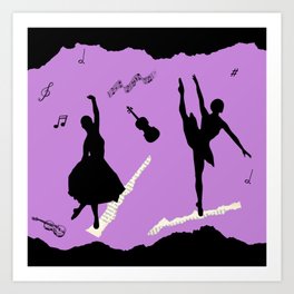 Two ballerina figures in black on violet paper Art Print
