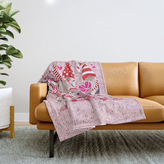 I gnome you more // pastel pink background red and pink Valentine's Day gnomes and motifs Throw Blanket