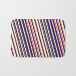 [ Thumbnail: Light Coral, Midnight Blue, Dim Grey, and Light Yellow Colored Stripes Pattern Bath Mat ]