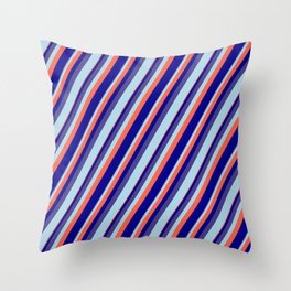 [ Thumbnail: Dark Slate Blue, Light Blue, Red, and Dark Blue Colored Lined Pattern Throw Pillow ]