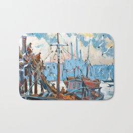 Docked Fishing Boat Painting Bath Mat