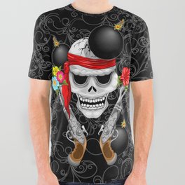 Pirate Skull, Ancient Guns, Flowers and Cannonballs All Over Graphic Tee