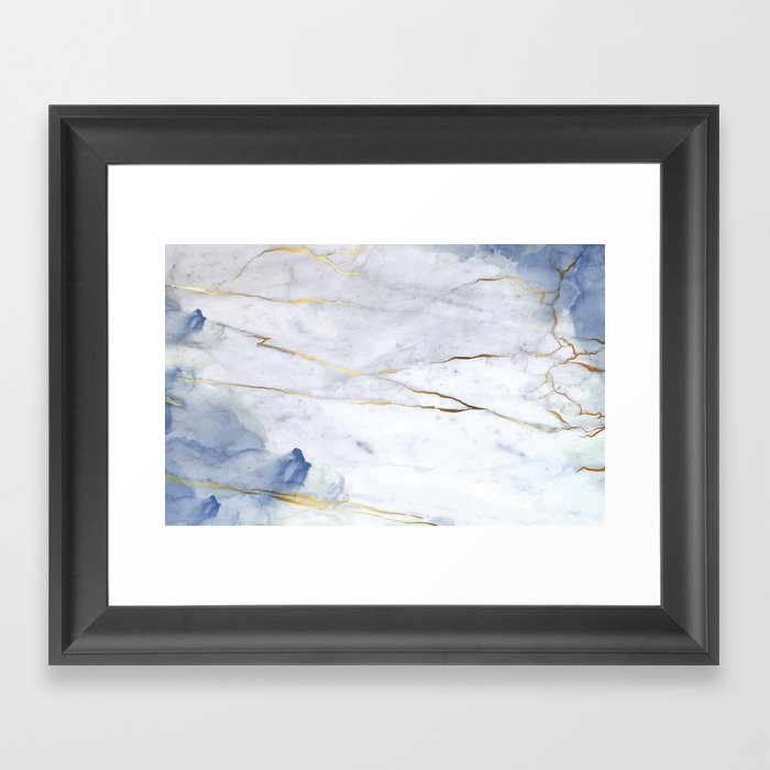 blue golden white marble  Framed Art Print