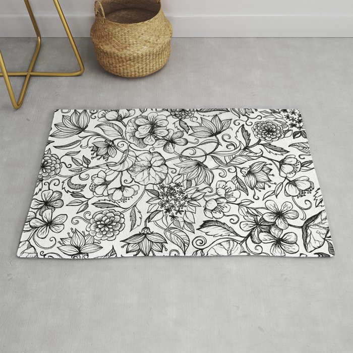 Hand Drawn Pencil Floral Pattern In Black And White Rug By Micklyn Society6