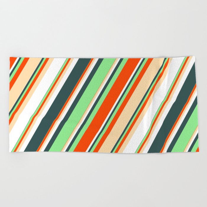 Light Green, Red, Tan, White, and Dark Slate Gray Colored Striped Pattern Beach Towel