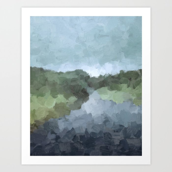 Trail at Dusk - Seafoam Skies Forest Green Navy Indigo River Abstract Nature Painting Art Print Art Print