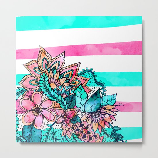 Floral watercolor modern pink teal stripes Metal Print