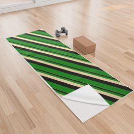 [ Thumbnail: Tan, Black & Green Colored Stripes/Lines Pattern Yoga Towel ]