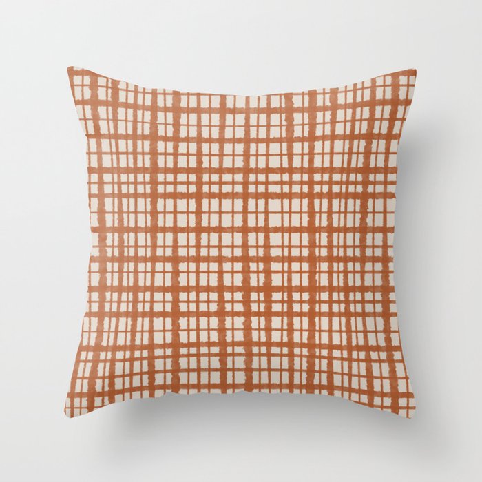 Retro Watercolor Plaid Painted Stripe Pattern in Clay and Putty Throw Pillow