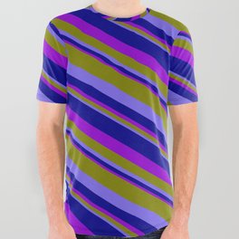 [ Thumbnail: Green, Medium Slate Blue, Dark Blue, and Dark Violet Colored Pattern of Stripes All Over Graphic Tee ]