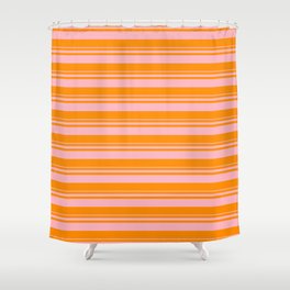 [ Thumbnail: Light Pink & Dark Orange Colored Stripes Pattern Shower Curtain ]