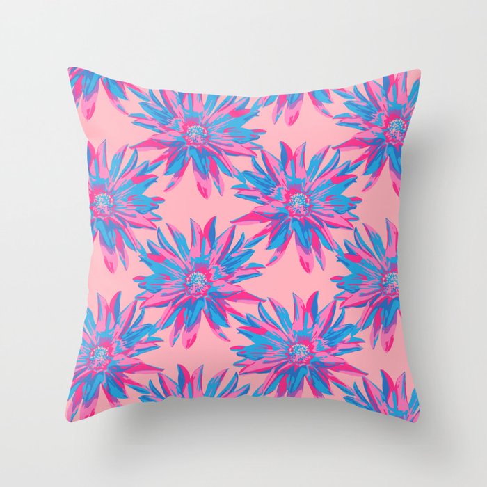 DAHLIA BURSTS Abstract Floral Summer Bright Botanical in Fuchsia Pink Blue Purple on Blush - UnBlink Studio by Jackie Tahara Throw Pillow