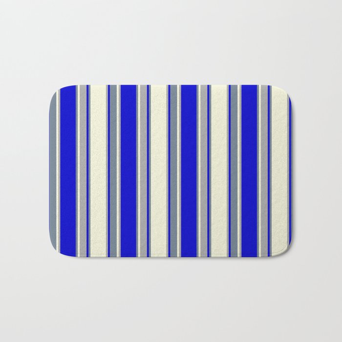Beige, Dark Grey, Blue, and Slate Gray Colored Pattern of Stripes Bath Mat